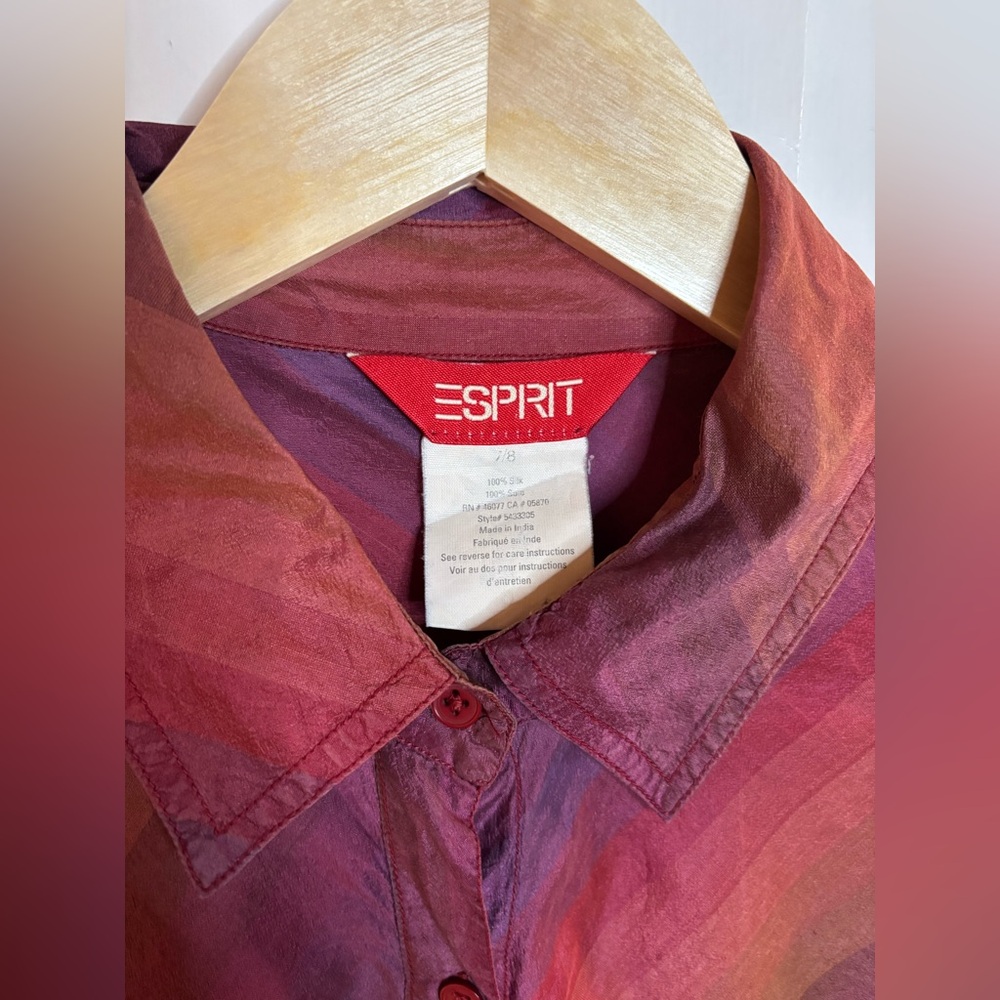 Vintage 90s ESPRIT Purple Burgundy and Orange 100% Silk Button Down